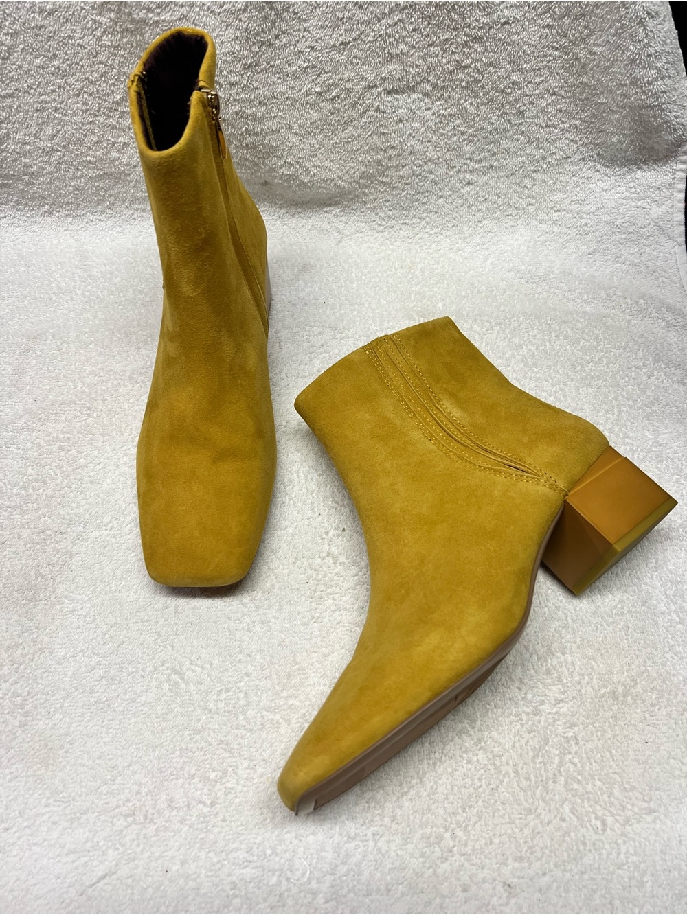 Brand New Franco Sarto Mustard Yellow Suede Square-Toe Block Heel Boots Sz 8